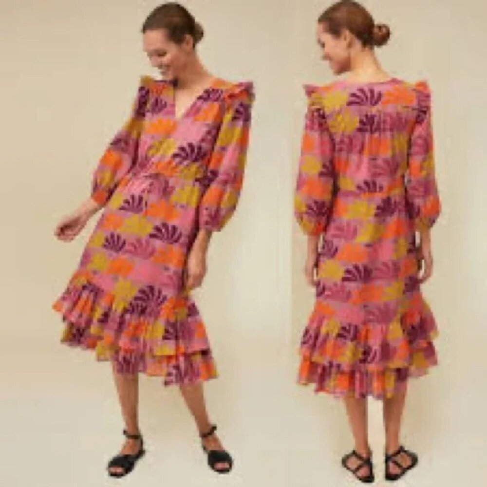 Warm Tropical Floral Dress Women's Size 1 (US Small) Mauve Orange Ruffled Midi